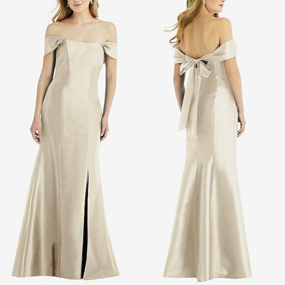 Alfred Sung Evening Gown Off the Shoulder Satin Dress Trumpet Champagne Nude 4 - Picture 1 of 10